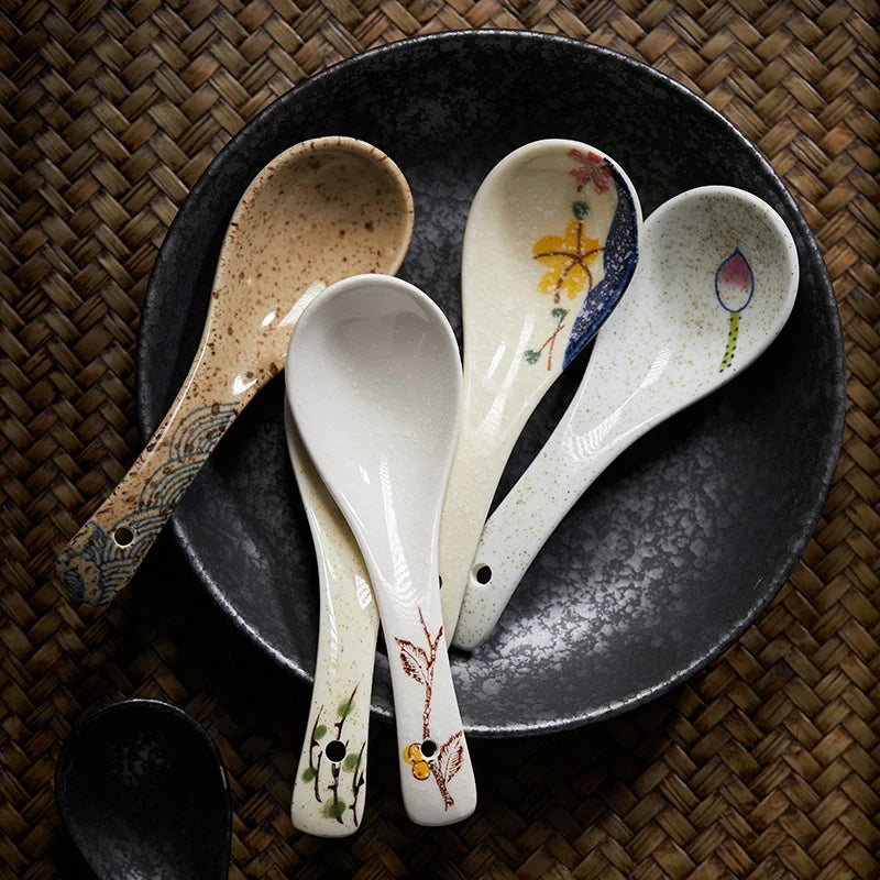 Afralia™ Ceramic Soup Spoon Set - Retro Style Ramen Rice Spoons for Home and Restaurant