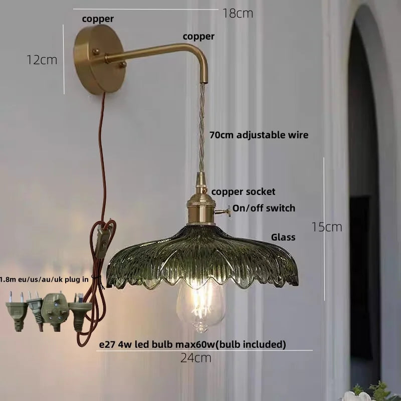 Afralia™ Amber Vintage LED Wall Light Glass Copper Pull Chain Switch Hallway Lamp