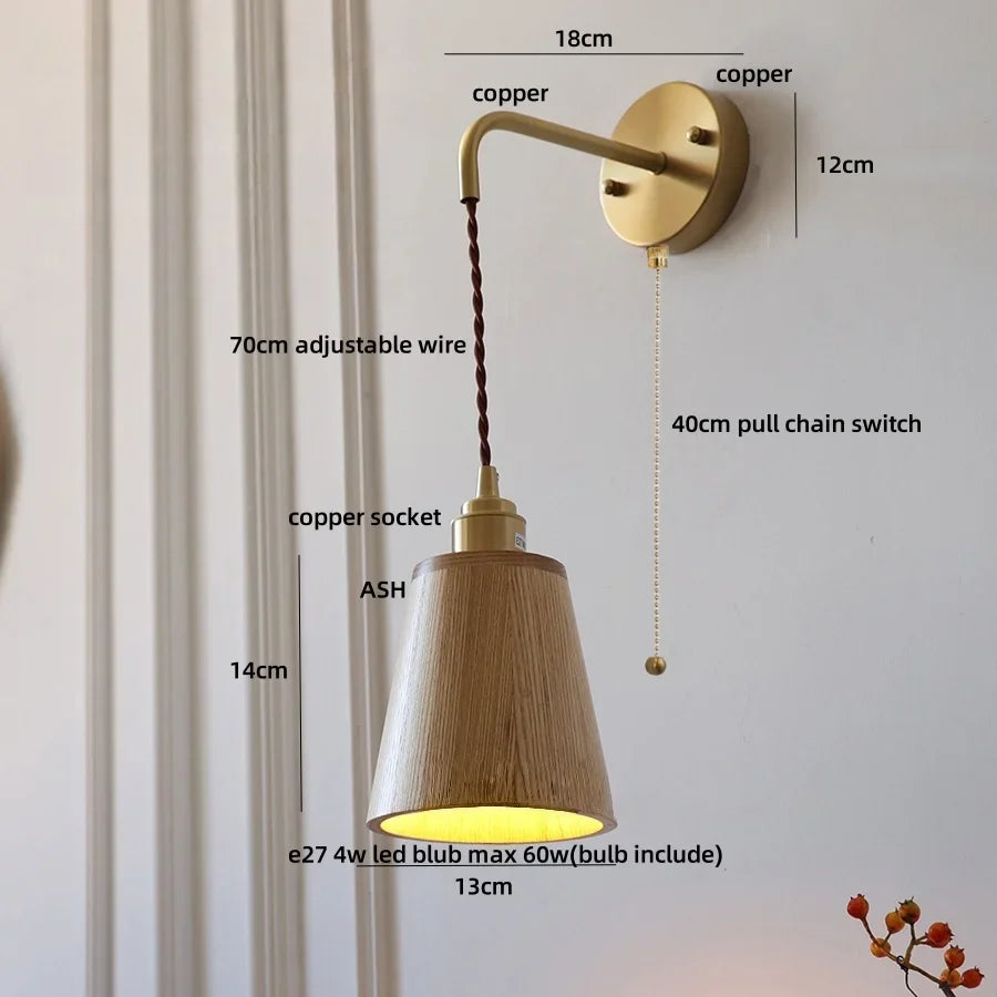 Afralia™ Ash Wood LED Wall Lamp with Pull Chain Switch for Home Decor