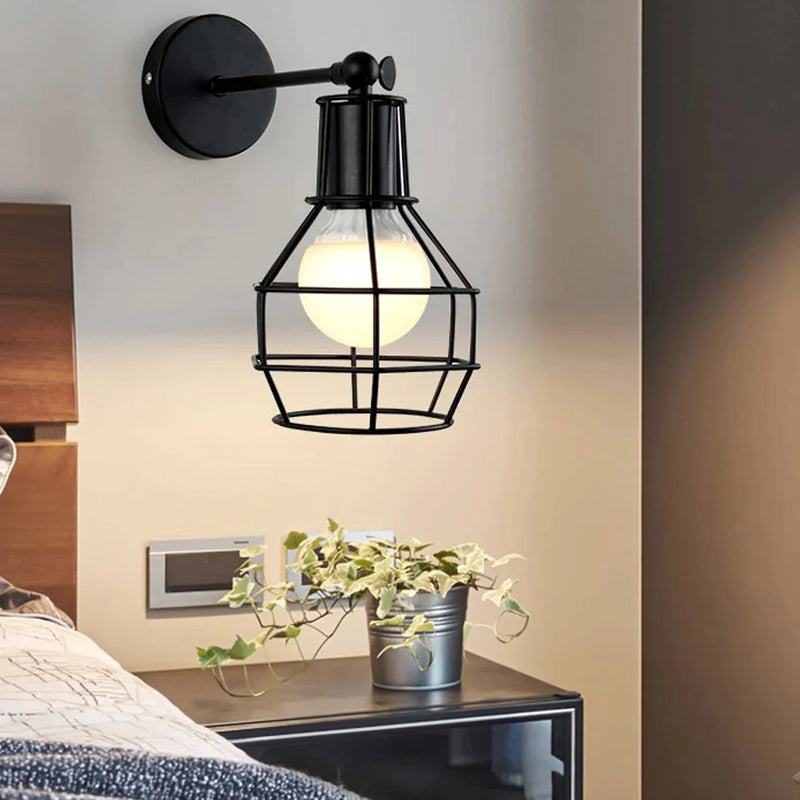 Afralia™ Black Iron Cage Wall Lamp: Retro Indoor Sconce for Bedroom, Bar, and Reading