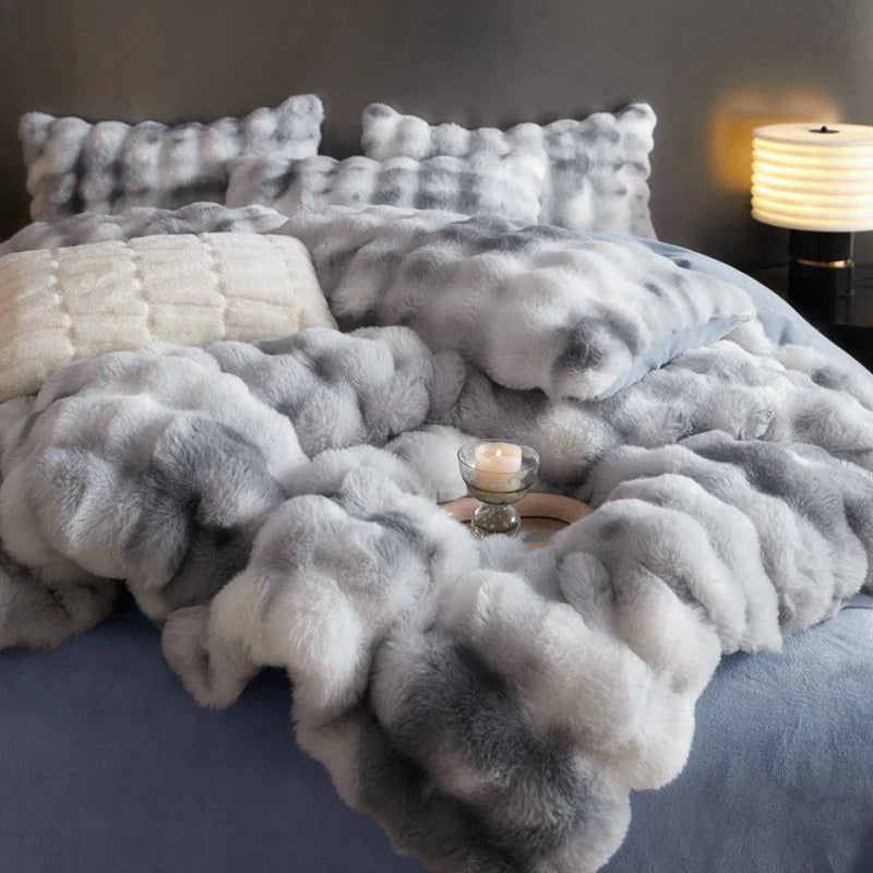 Afralia™ Gradient Blue & Grey Faux Rabbit Fur Bedding Set: Velvet Fleece Duvet, Sheets, Pillowcases