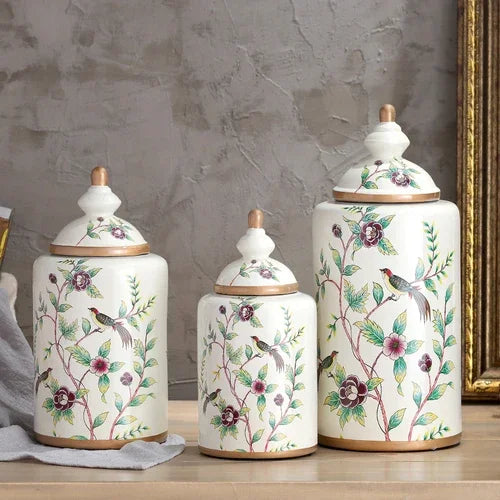 Afralia™ European Flower Bird Ceramic Storage Jar Vase Decoration Tea Coffee Beans Candy Home Decor