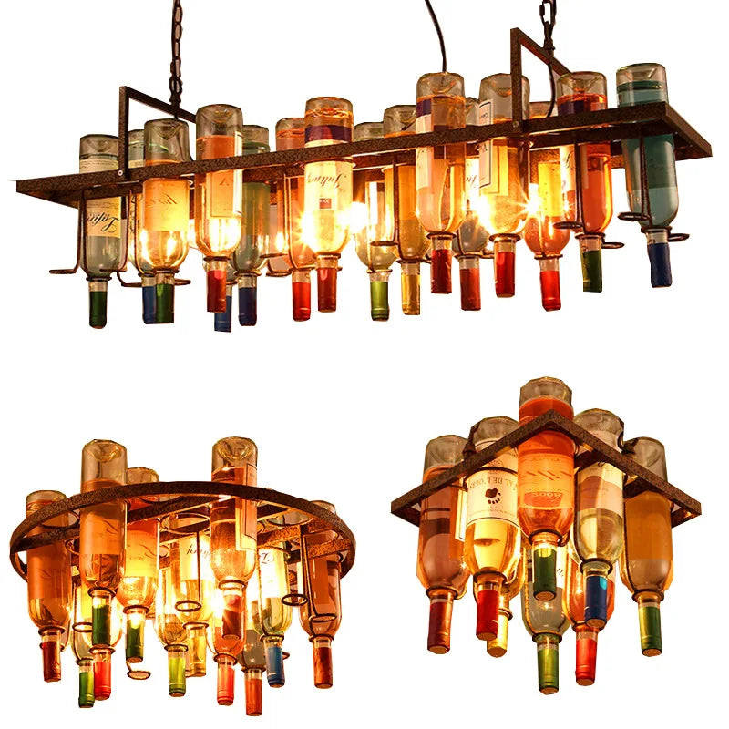 Afralia™ Rust Metal Wine Bottle LED Chandelier Pendant Lights Bar Restaurant Cafe Industrial