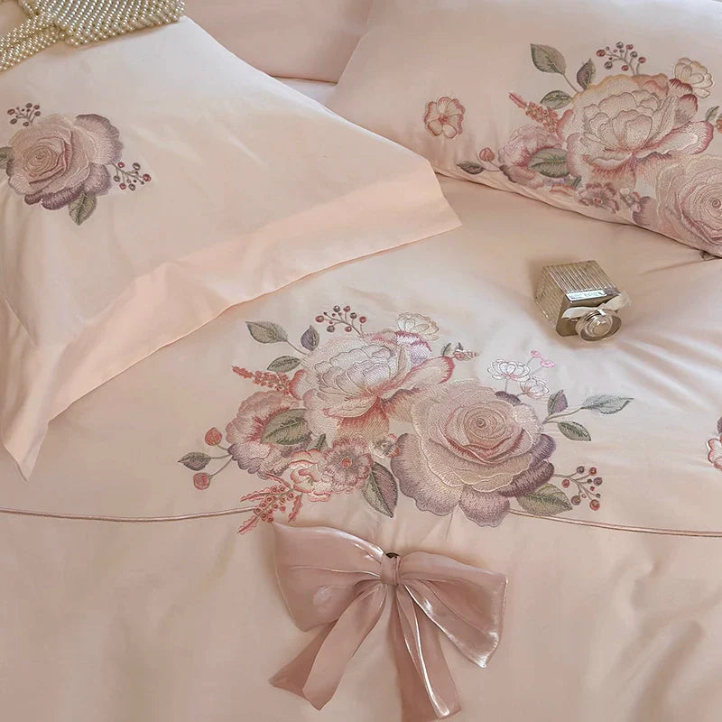 Afralia™ Flowers Embroidery Bow Wedding Bedding Set - Single Queen King Size Cotton Duvet Cover Bed Sheet Pillowcases