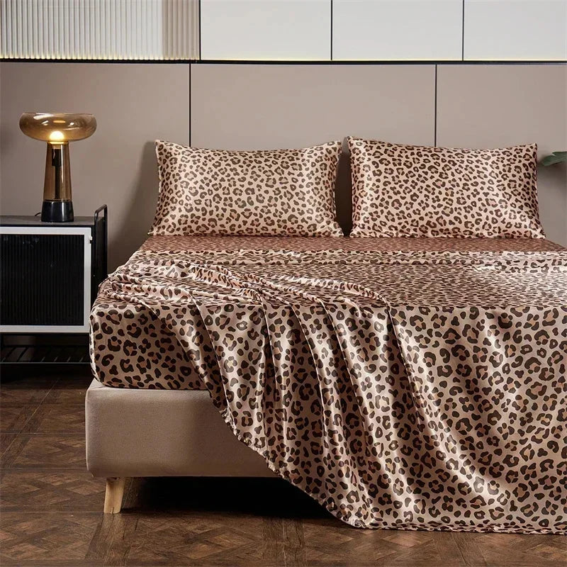 Afralia™ Leopard Print Satin Bedsheet Set King & Queen Sizes
