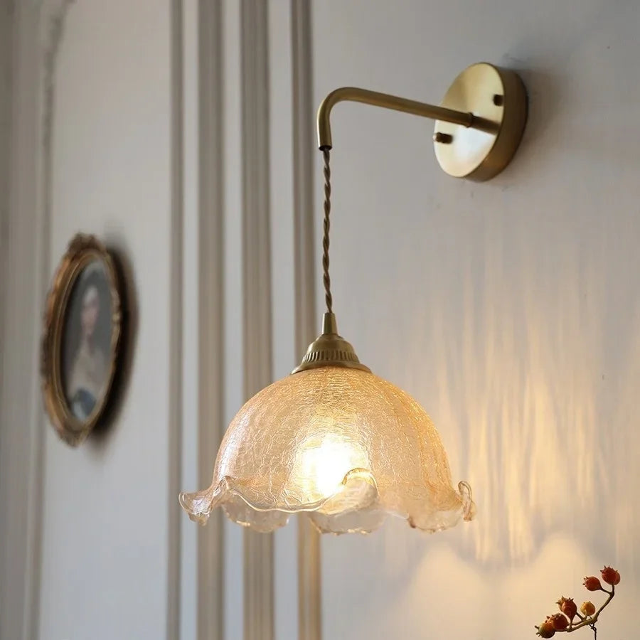 Afralia™ Amber Glass LED Wall Sconce with Pull Chain Switch for Bedroom and Bathroom