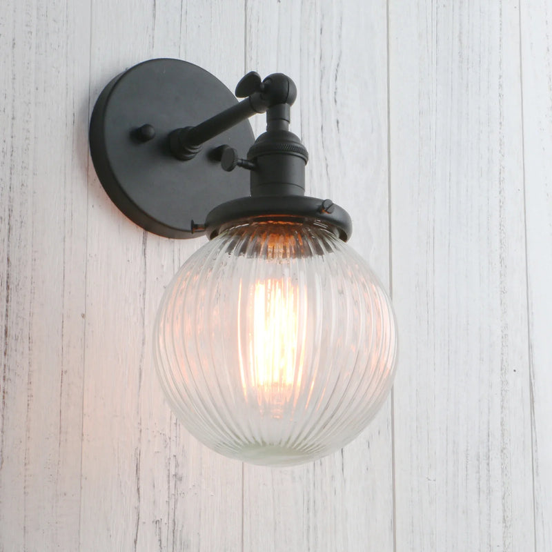 Afralia™ Mini Globe Ribbed Glass Wall Sconce - Vintage Industrial Lighting Fixtures