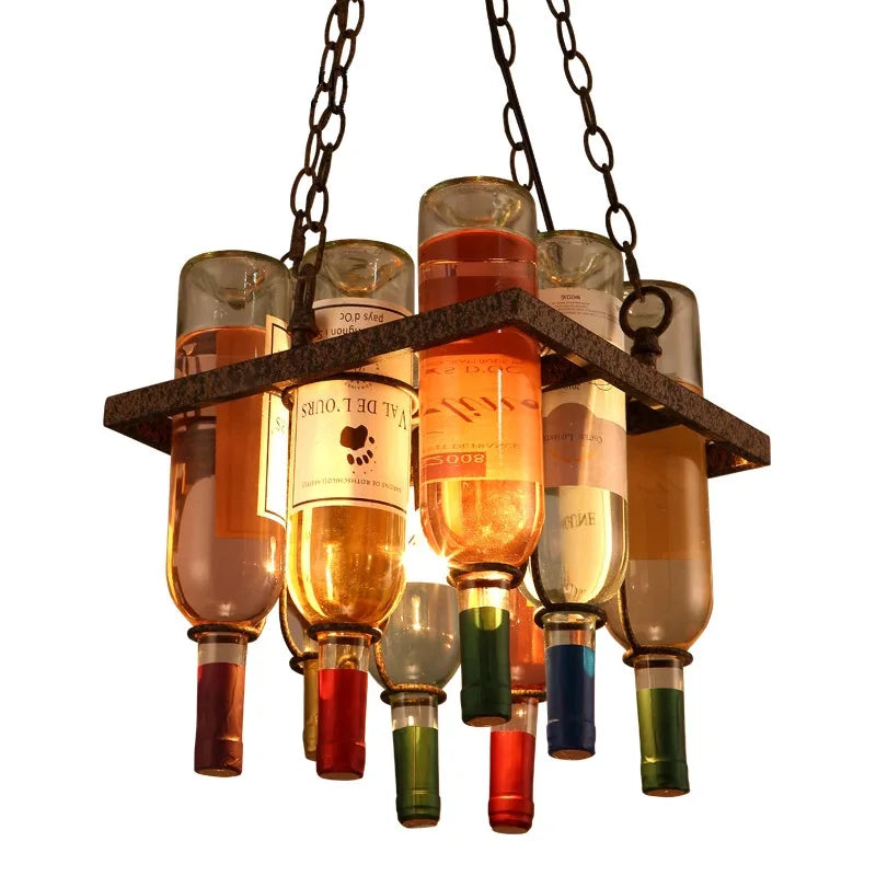 Afralia™ Rust Metal Wine Bottle Chandelier for Cafe LOFT Bar Lighting