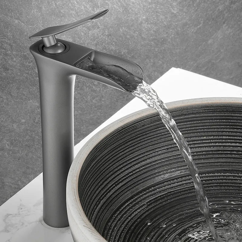 Afralia™ Grey Waterfall Brass Basin Faucet - Hot Cold Mixer Tap for Bathroom Sink