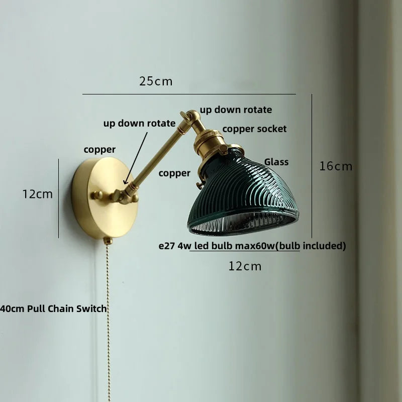 Afralia™ Modern Brass Glass Wall Light with Swing Arms & Pull Chain Switch