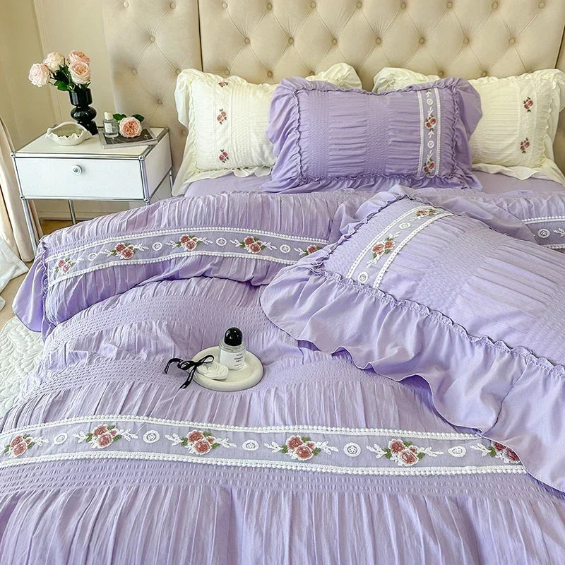 Afralia™ Princess Pink Lace Gauze Bedding Set Queen Duvet Cover Elegant Ruffled Comforter