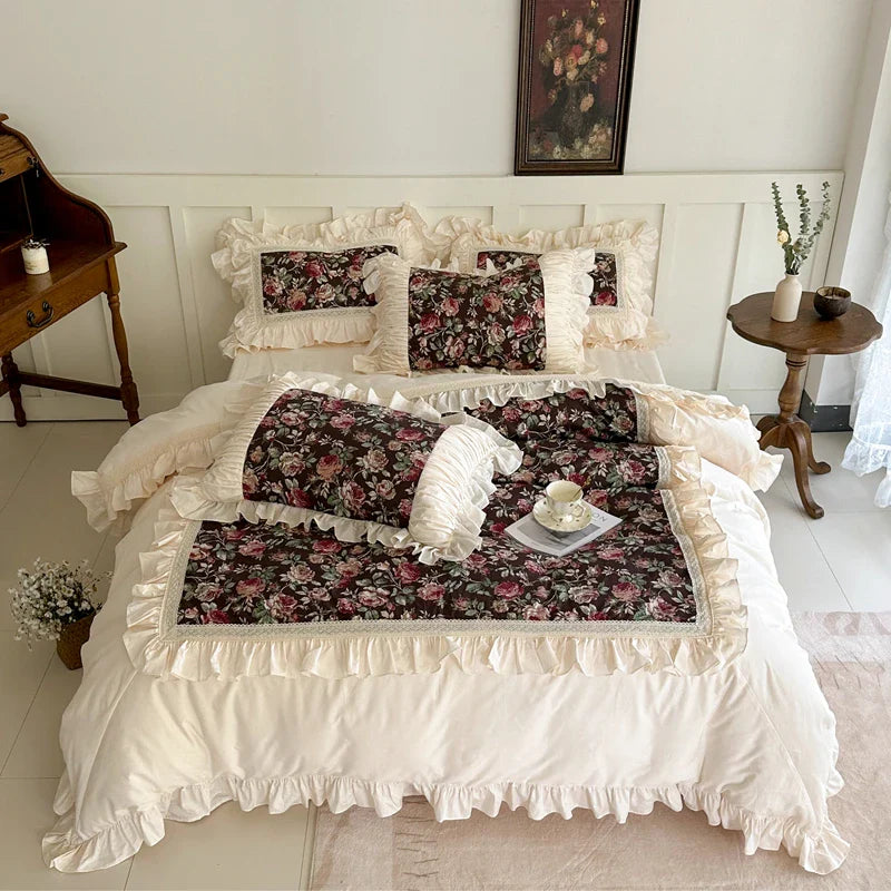 Afralia™ French Rose Flowers Pattern Bedding Set, 100% Cotton, Ruffles, Duvet Cover, Bed Skirt