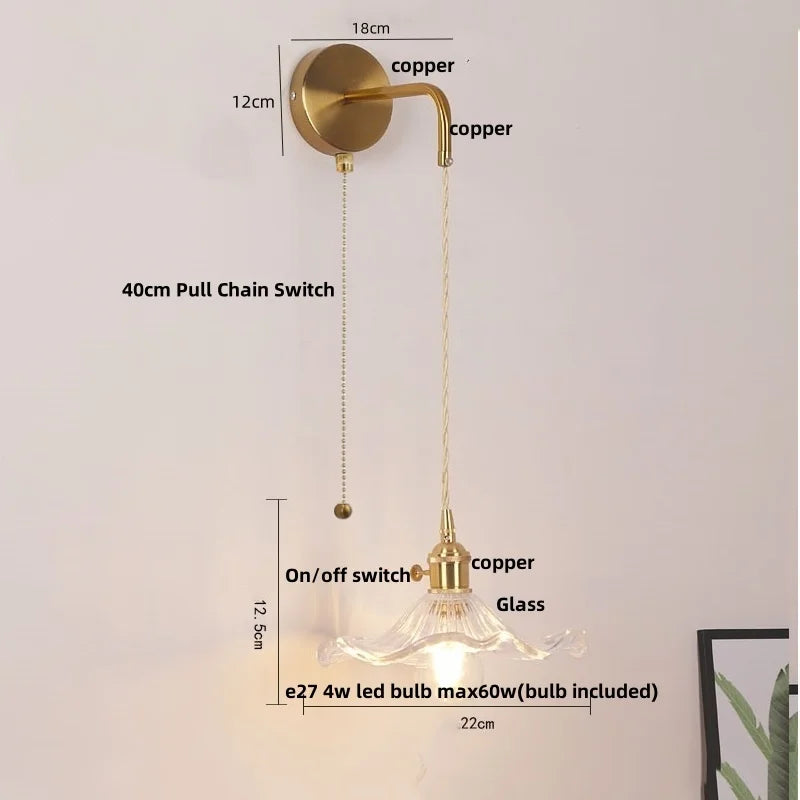 Afralia™ Copper LED Glass Wall Sconce with Pull Chain Switch for Living Dining Room
