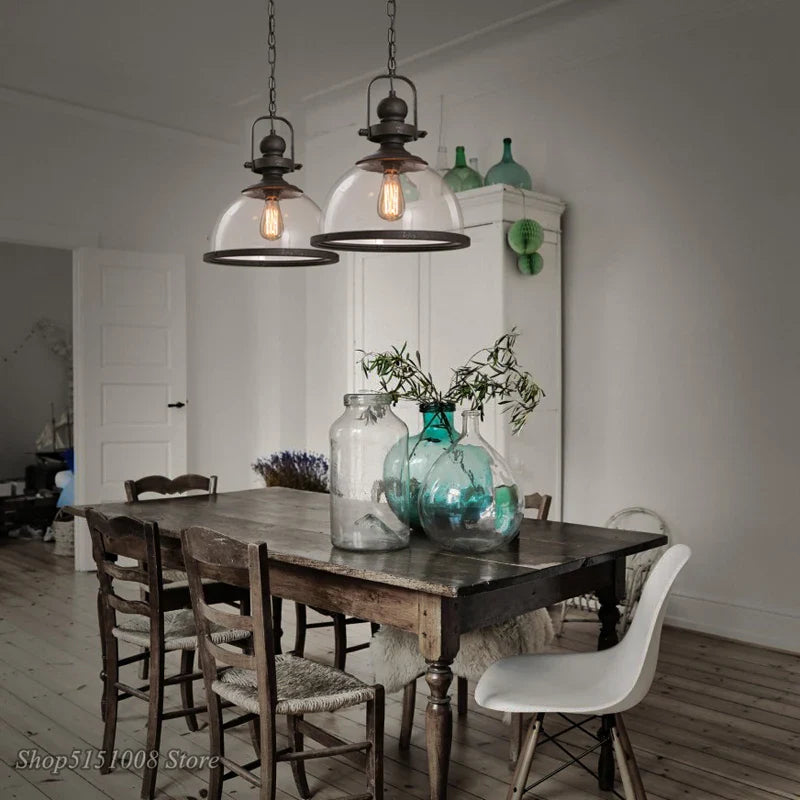 Afralia™ Vintage Iron Pendant Light Glass Lampshade Industrial Decor Kitchen Dining Lighting