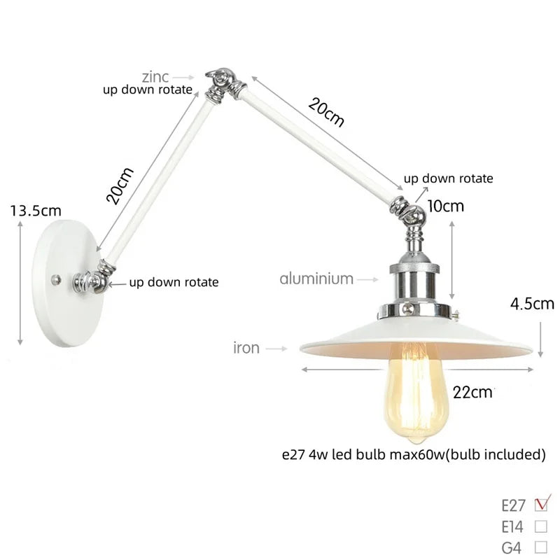 Afralia™ Industrial Lens Vintage Loft LED Wall Lamp with Swing Arms & Pull Chain Switch