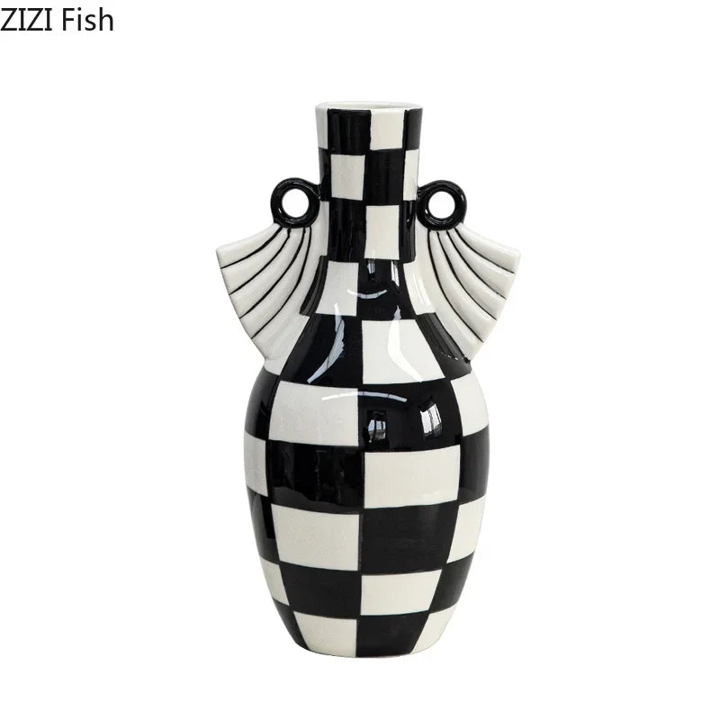 Afralia™ Checkered Pattern Ceramic Vase: Geometric Table Decor for Flowers & Room Aesthetic