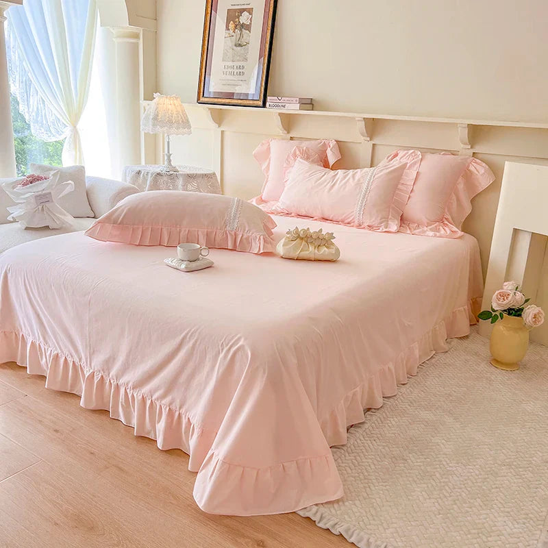 Afralia™ Pleat Ruffles Patchwork Cotton Bedding Set with Pink & White French Style