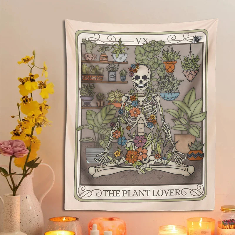 Afralia™ Plant Lover Tarot Card Tapestry | Botanical Skeleton Witch Wall Hanging