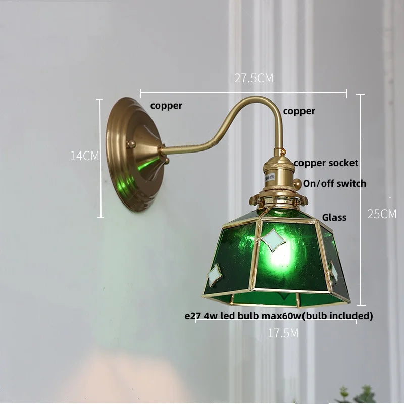 Afralia™ Green Glass LED Wall Sconce Copper Knob Switch Vintage Loft Stair Light