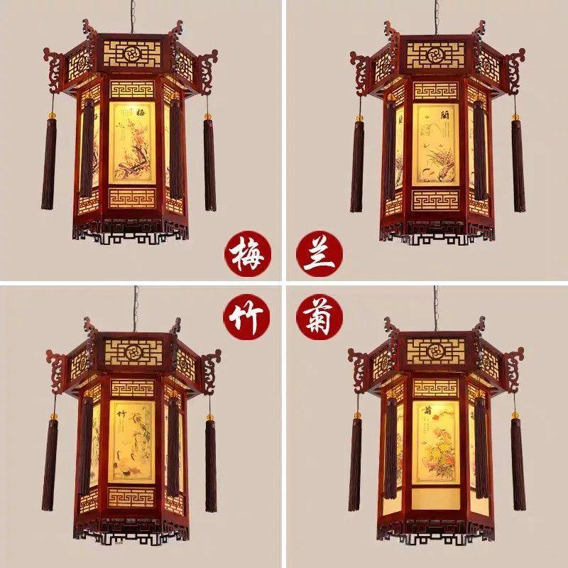 Afralia™ Solid Wood Palace Lantern with Eight Immortals Painting, Bird-and-Flower Art