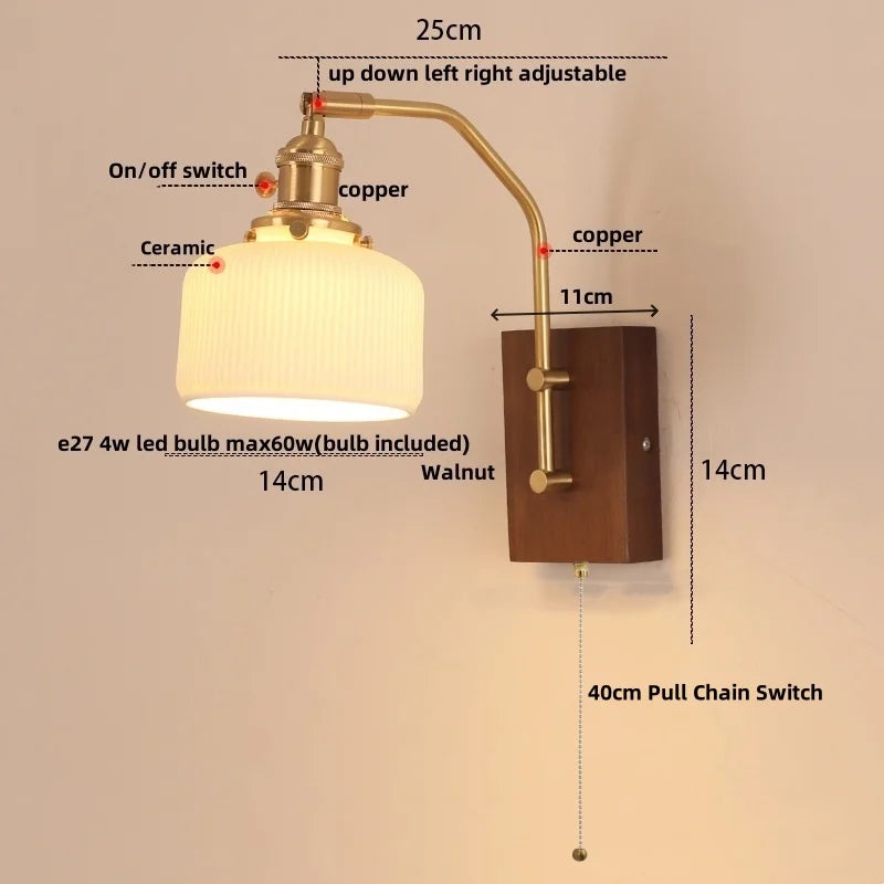 Afralia™ Walnut Wood LED Wall Light Glass Pull Chain Switch Nordic Modern Bedroom Lamp