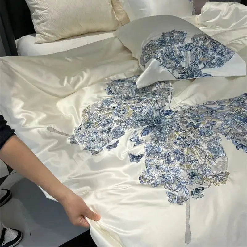 Afralia™ Butterfly Flowers Embroidery Luxury Bedding Set 4Pcs