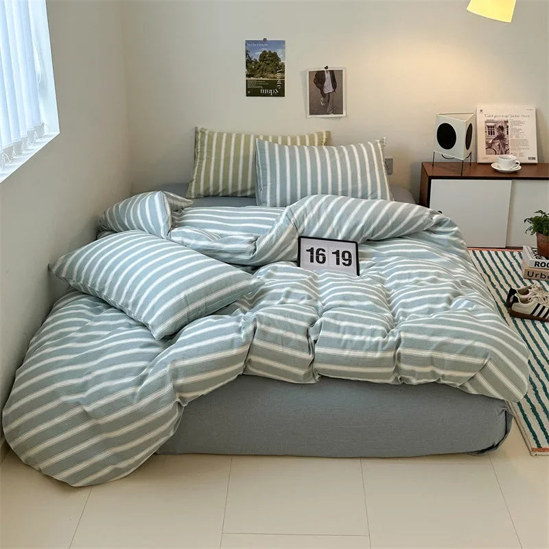 Afralia™ Nordic Striped Cotton Bed 4Pcs Fitted Sheet Set - Breathable & Skin-Friendly