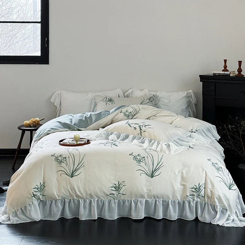 Afralia™ Lace Ruffles Princess Cotton Bedding Set, Floral Quilt Cover, Girls Wedding Home Textiles