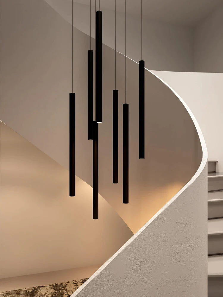 Afralia™ Cylindrical LED Staircase Chandelier Suspension Light - Modern Villa Water Pipe Fixture