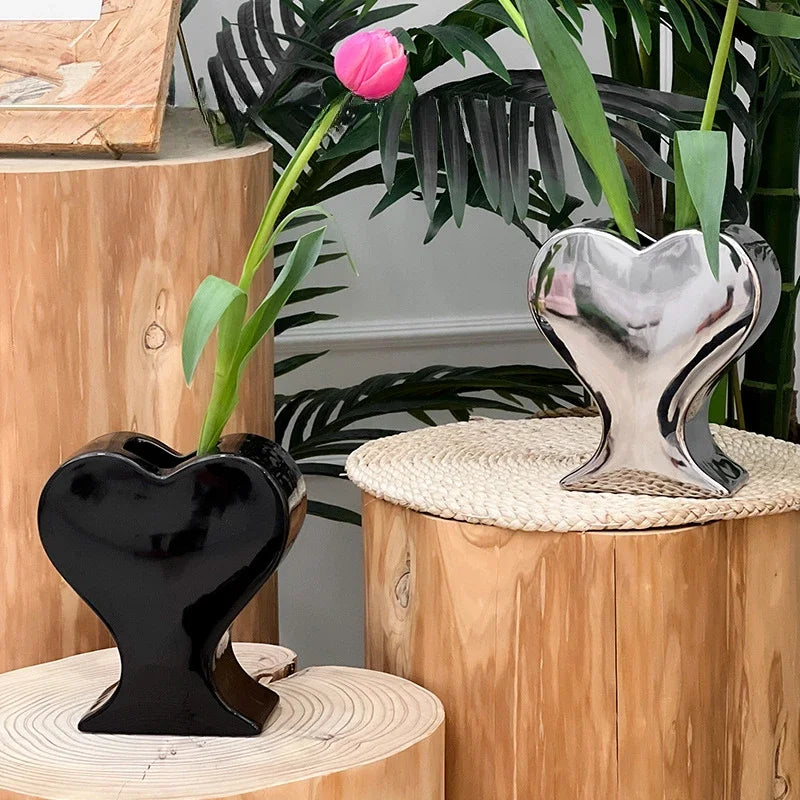 Afralia™ Heart-shaped Pink Hearts Porcelain Vase - Handicraft Ornament & Home Decor