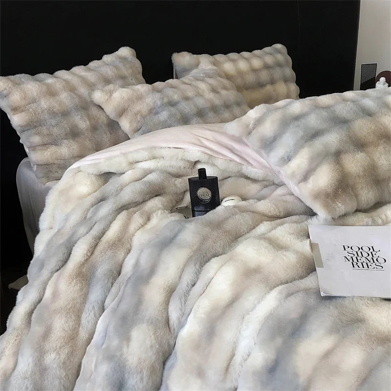 Afralia™ Faux Rabbit Fur Velvet Bedding Set, Plush Duvet Cover, Sheet, Pillowcases, Gradient Color