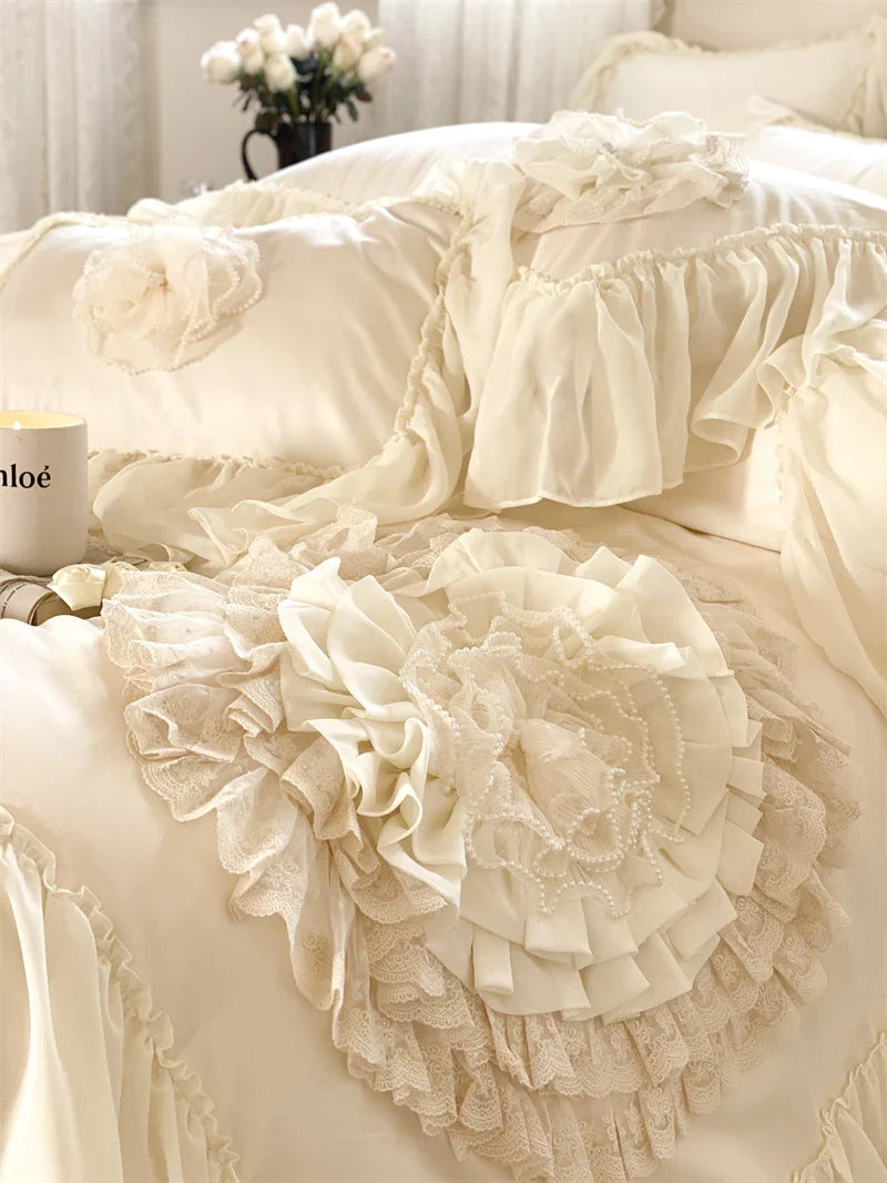 Afralia™ Luxury Wedding Embroidered Bedding Set with Handmade Flowers and Lace Edge