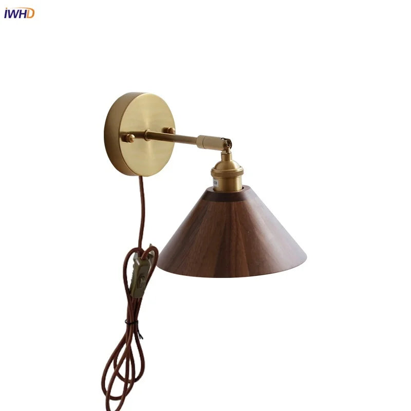 Afralia™ Nordic Walnut Wood Copper Up Down LED Wall Sconce Bedside Lamp