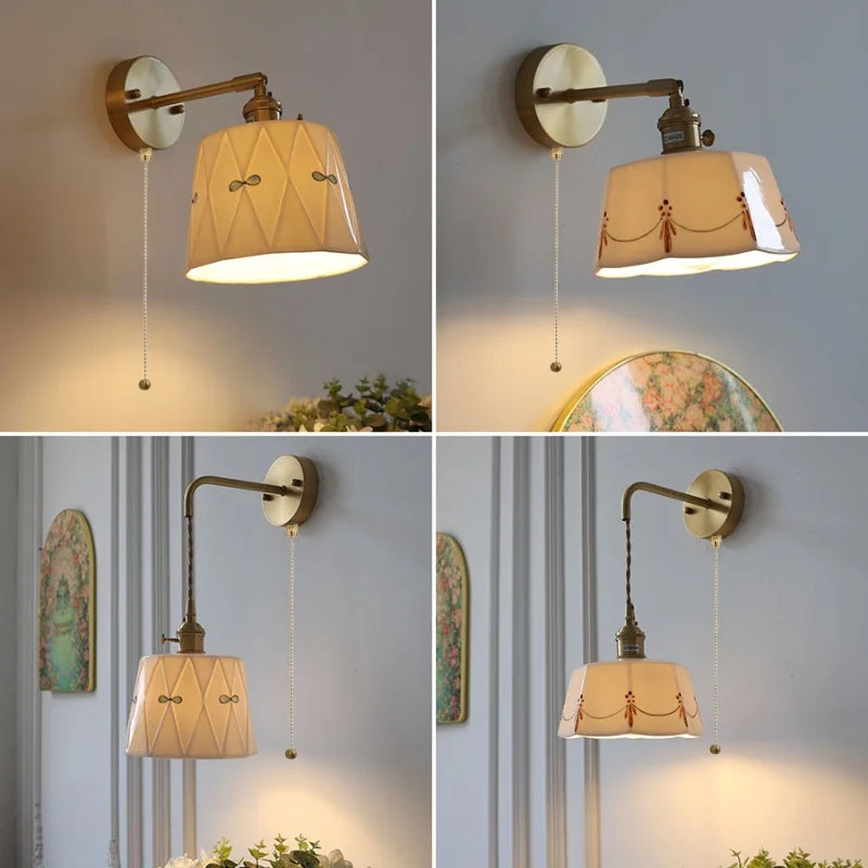 Afralia™ Ceramic Brass LED Wall Light Fixture Pull Chain Switch Bedside Lamp Sconce