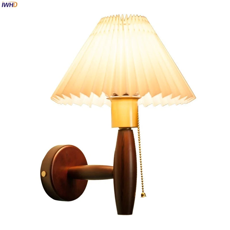 Afralia™ Pleated Fabric LED Wall Sconce Lamp Walnut Wood Light