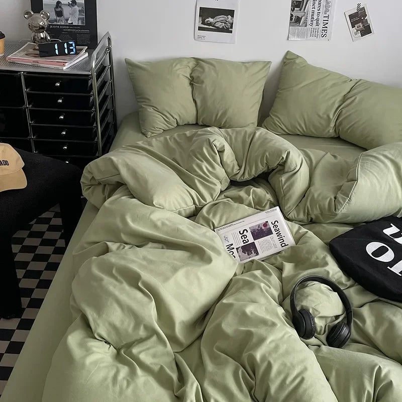 Afralia™ Washed Cotton Bed Set - Soft & Breathable 4-Piece Solid Color Duvet Cover Bed Sheet