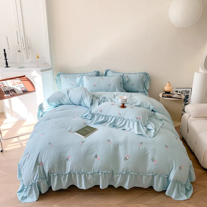 Afralia™ Rose Flowers Ruffle Lace Bedding Set, Washed Cotton Duvet Cover, Skin Friendly