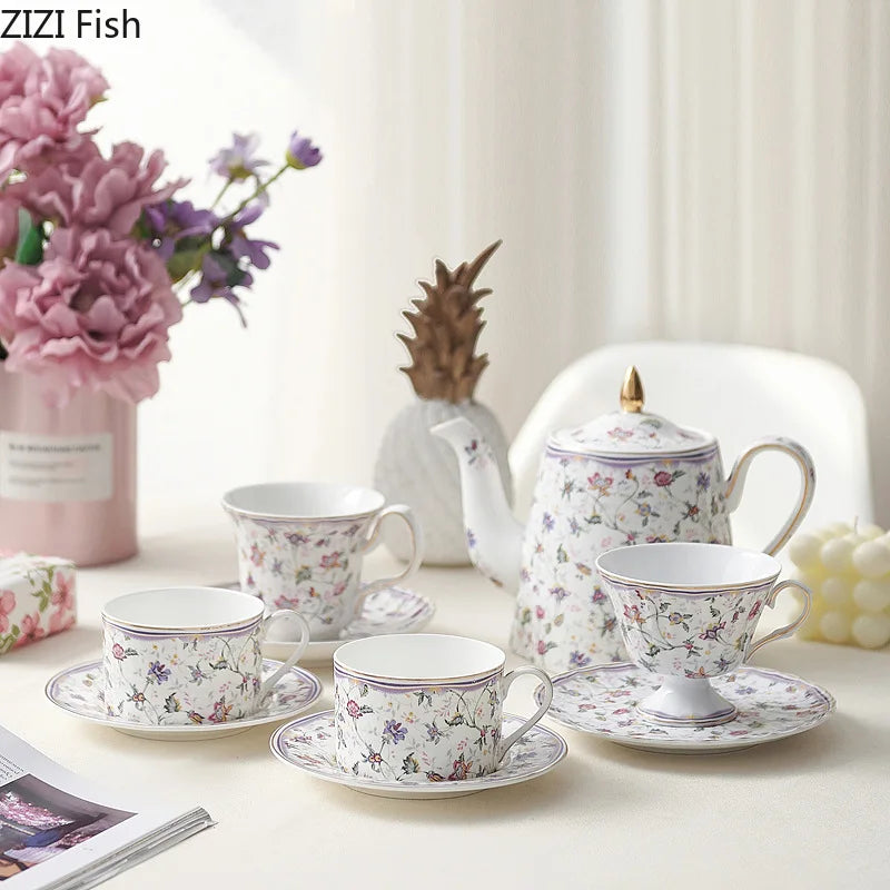 Afralia™ Rural Flowers Ceramic Cup & Saucer Set for Dining Table and Coffee, Classical Design