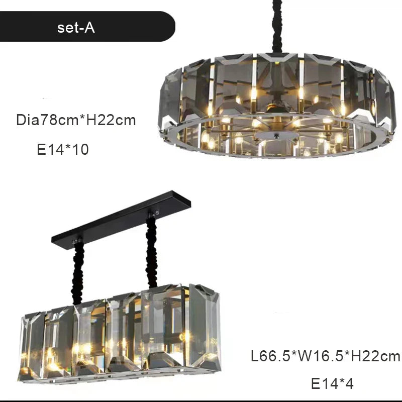 Afralia™ Smoke Grey LED Pendant Light for Living Room - Amber Crystal Lustre Chandelier