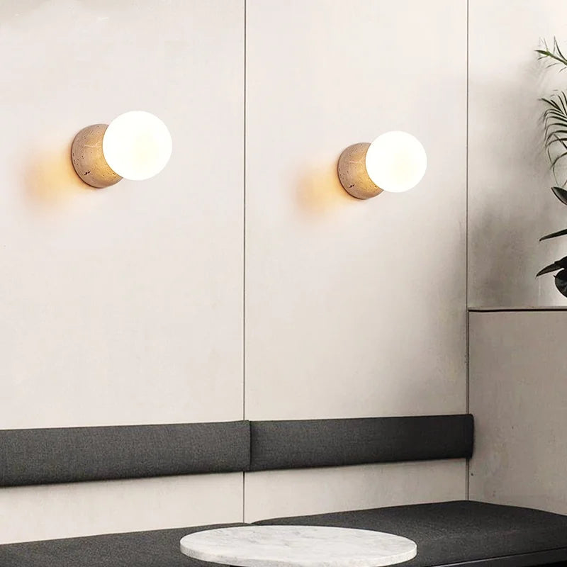 Afralia™ Yellow Travertine LED Wall Lamp Sconce Glass Mirror Light Home Decor