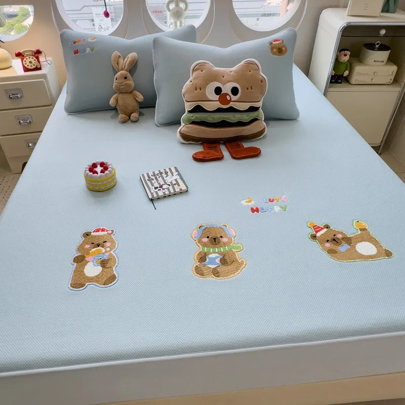 Afralia™ Cartoon Embroidered Fitted Sheet for Single Bed - All-Season Comfort