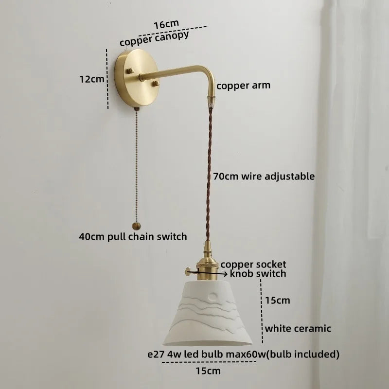 Afralia™ Ceramic Copper LED Wall Sconce Pull Chain Switch Stair Light for Home Decor