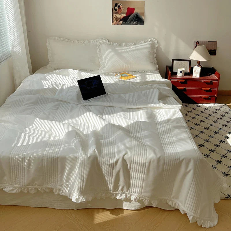 Afralia™ Korean Princess Lace Ruffles Summer Quilt Bedspread - 3Pc Bedding Set