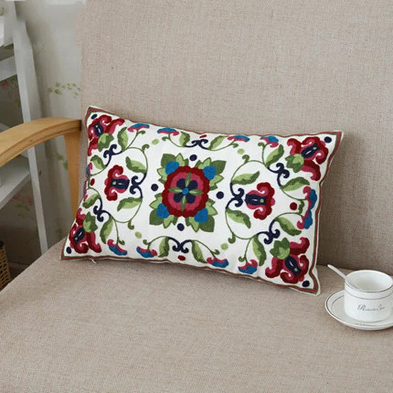 Afralia™ Ethnic Floral Canvas Cotton Embroidered Lumbar Pillow Case 30x50cm