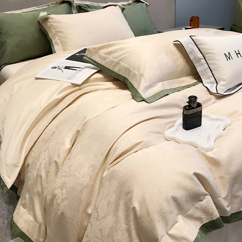Afralia™ Luxury Egyptian Cotton Satin Jacquard Bedding Set with Ink Painting Design