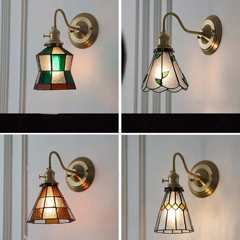 Afralia™ Vintage Green LED Wall Lights with Copper Knob Switch & Glass Shade