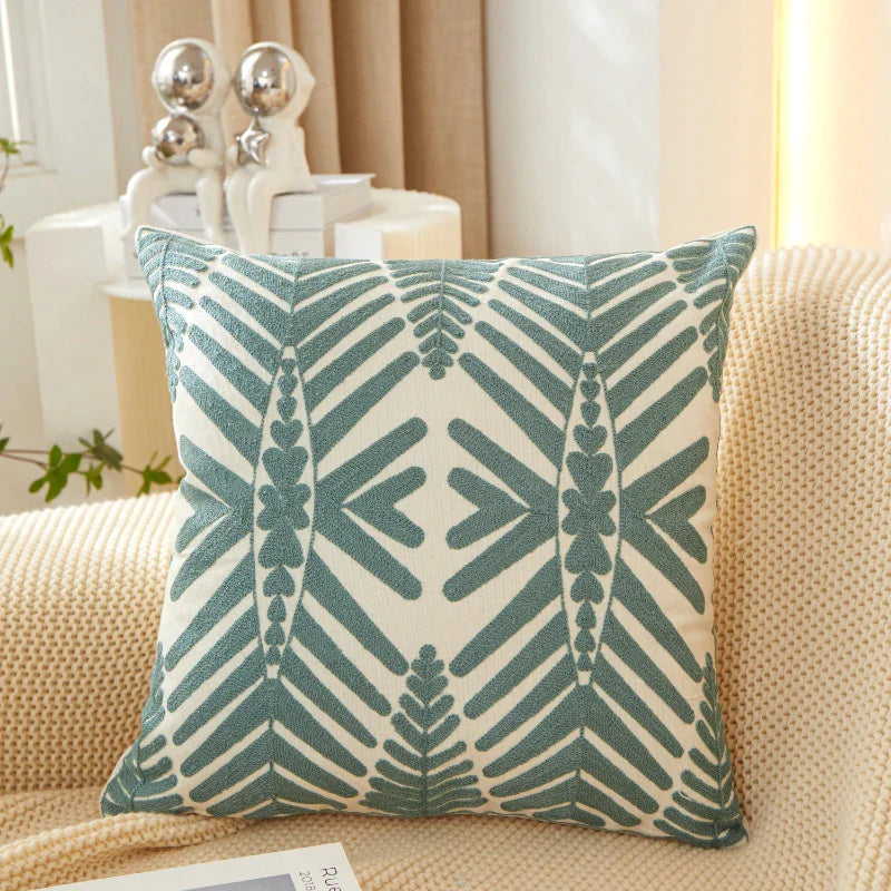 Afralia™ Fern Leaves Embroidery Pillow Cover 45x45cm Blue Yellow Grey Square Cushion Cover