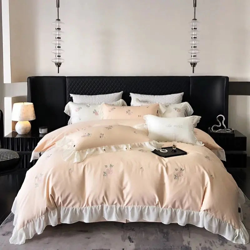 Afralia™ Rose Flowers Cotton Lace Ruffles Wedding Bedding Set