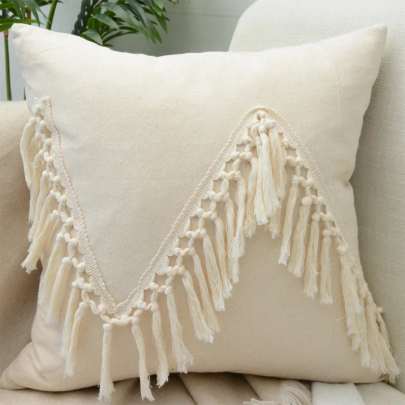 Boho Beige Fringed Cotton Weave Tassel Pillow Case by Afralia™