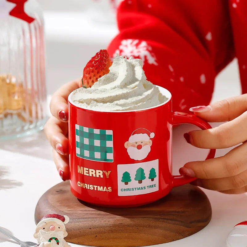 Afralia™ Festive Ceramic Christmas Coffee Mug with Lid, Spoon | Holiday Gift Mug